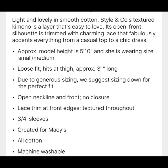 STYLE&CO COTTON TEXTURED LACE TRIM KIMONO - Picture 3 of 3